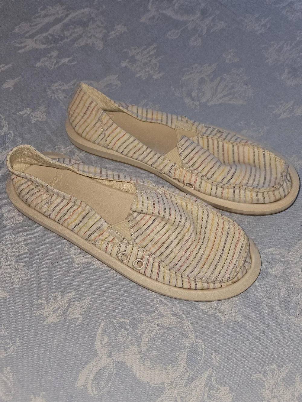 Sanuk Women's Multistripe Canvas Slip-Ons in Cream and Pastel Stripes